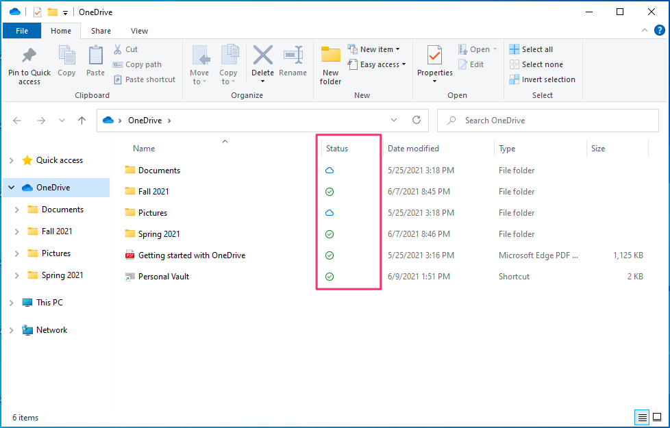 Screenshot of a Windows Explorer folder with the column Status highlighted