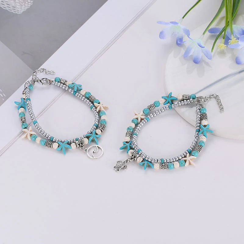 Adornos para pies hechos a mano con estrellas de mar, perlas, tortugas vintage y olas, para un estilo playero y elegante.