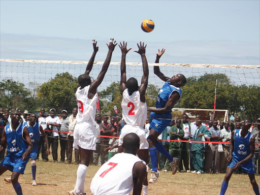 A volleyball game underway.