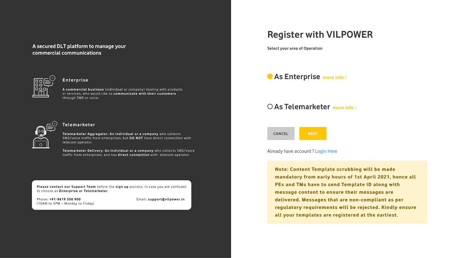 Vodafone DLT registration page with content template warning