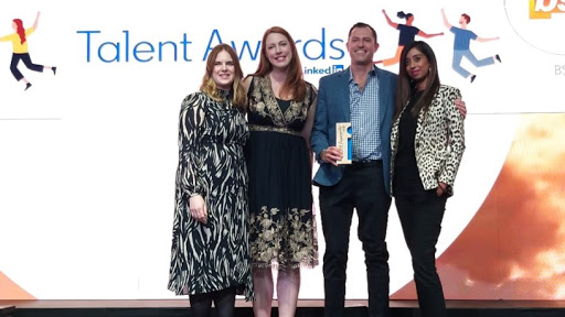 BSG CEO Jurie Schoeman and BSG's Marketing and Relationship Sales Operations Manager, Lorraine Deane, accepted the award for Best Employer Brand (companies with fewer than 500 employees on LinkedIn). Pictured here with Laura Gregg from LinkedIn and BSG Consultant Hina Soni.