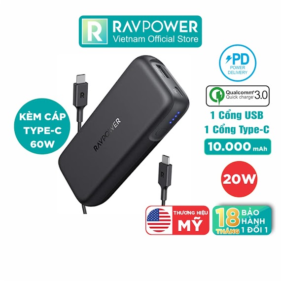 Pin Sạc Dự Phòng 10000Mah Nho Gon Ravpower Rp - Pb186 Type C Pd 20W, Qc 3.0 Kèm Cáp Type C To C 60W - Hàng Chinh Hãng