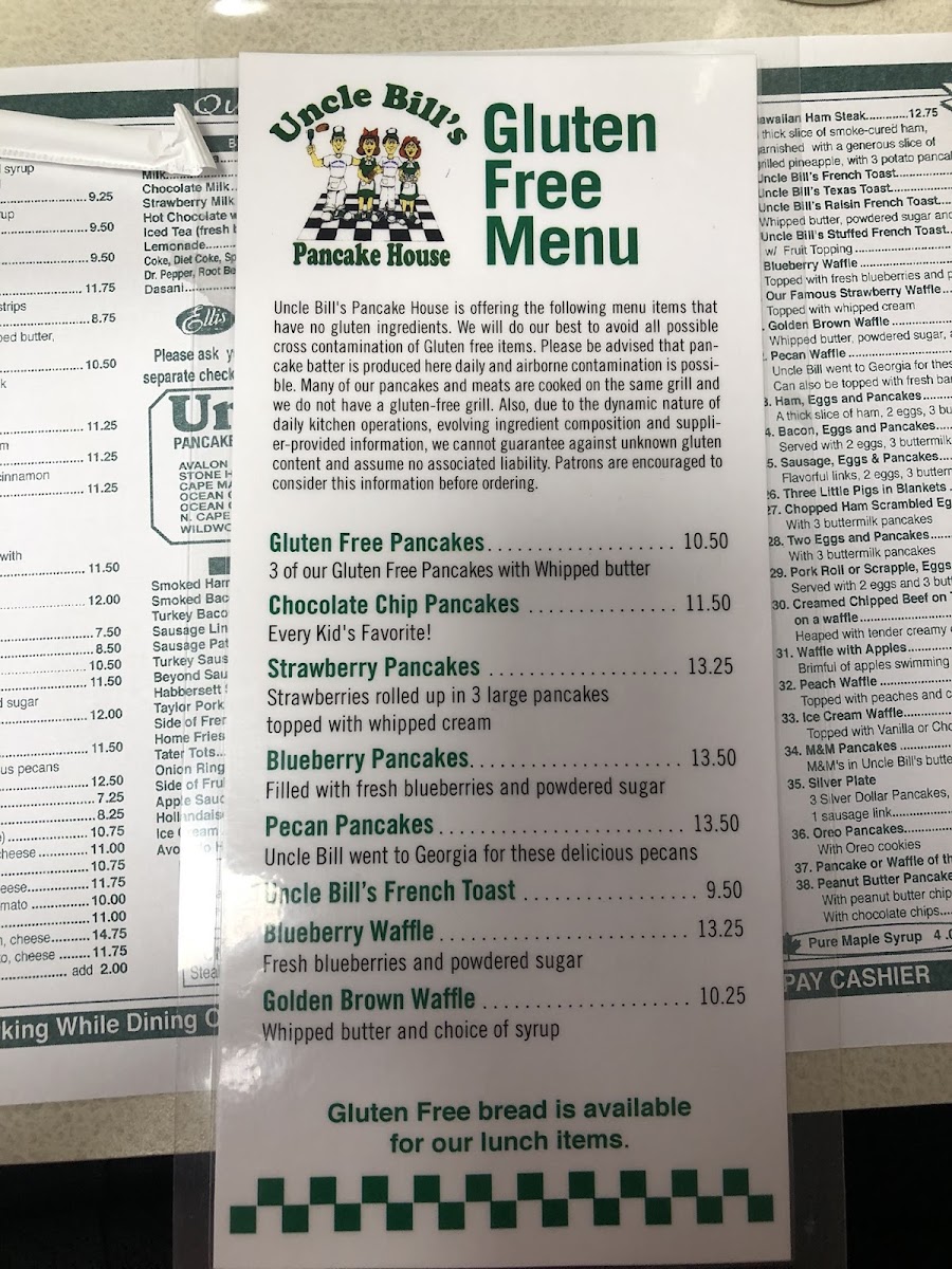 Gluten Free Menu as of 9/10/2022