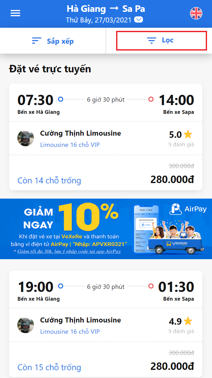 Dùng bộ lọc chọn xe Cường Thịnh Limousine.