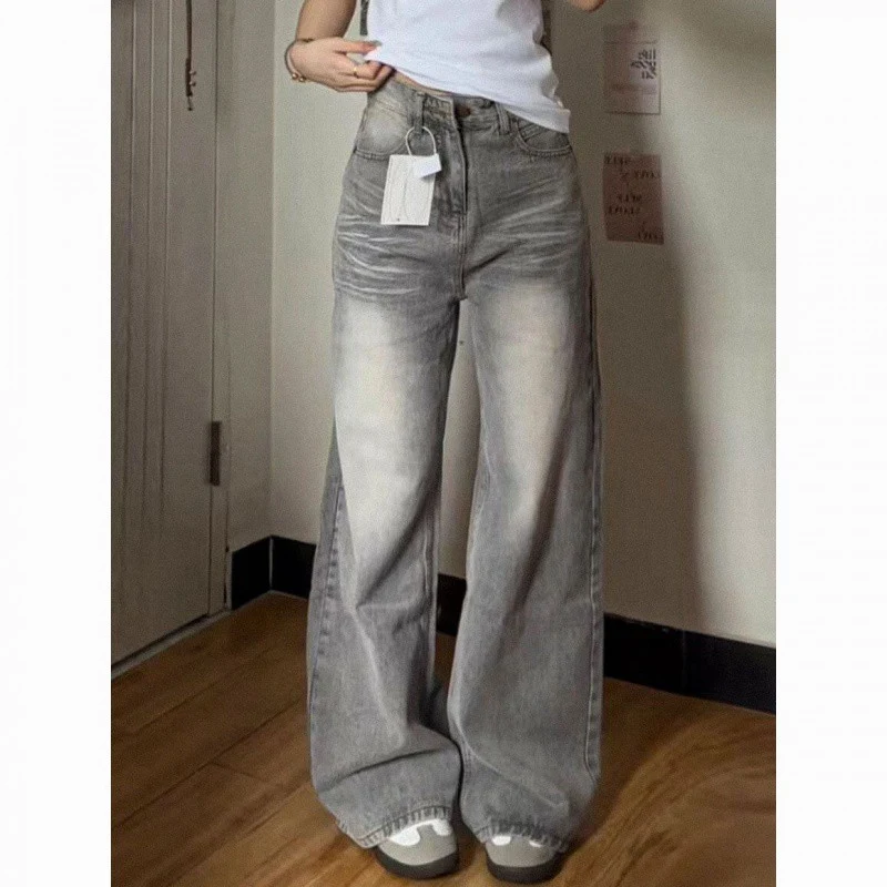 Calça Jeans Feminina Retro Lavada Solta Wide Leg Cintura Alta Reta Confortável Jeans Despojado Estilo Vintage
