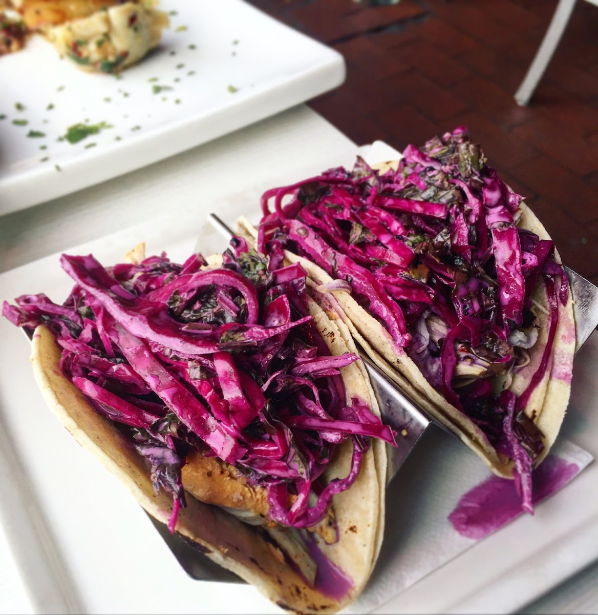 Gluten free pulled chicken and slaw tacos. Delicious!!!!!