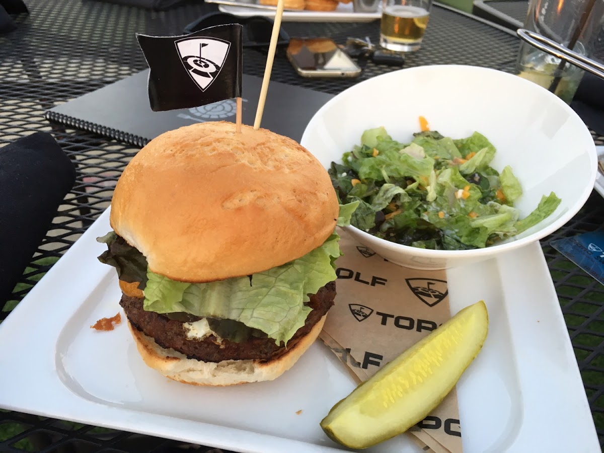 Burger and side salad