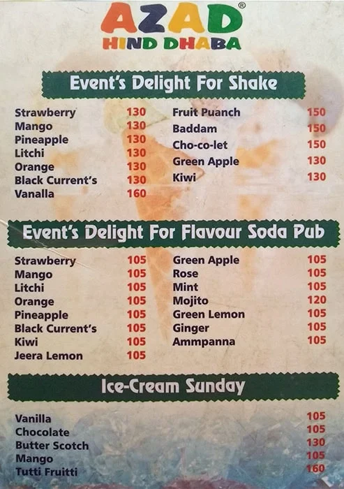 Azad Hind Dhaba menu 