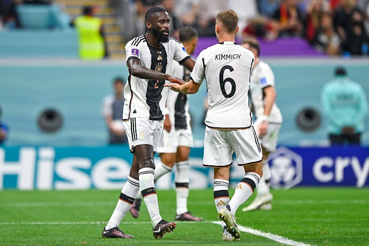 Antonio Ruediger of Germany and Joshua Kimmich of Germany during the FIFA World Cup Qatar 2022 match between Spain and Germany at the Al Bayt Stadium.