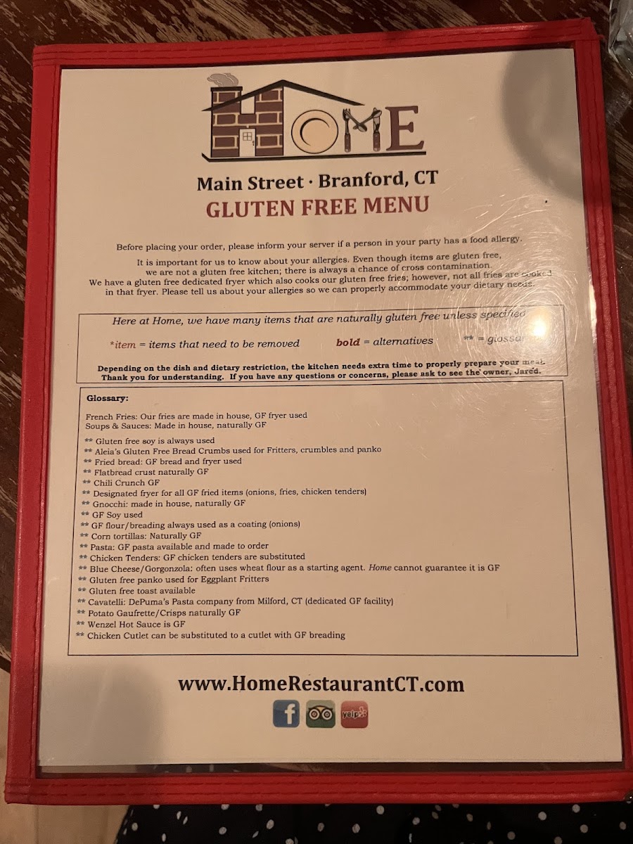 Home gluten-free menu