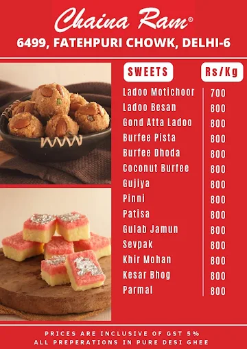 Chaina Ram Sindhi Confectioners menu 