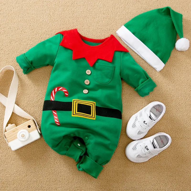 Kerst baby onesie, rood en groen Santa Claus, zacht en comfortabel, ideaal als feestelijke outfit voor de kerstdagen.