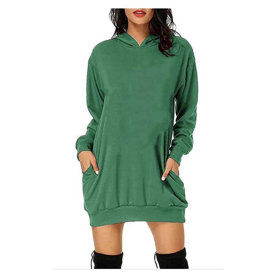 Suéter vestido com chapéu de cor sólida com mangas compridas soltas