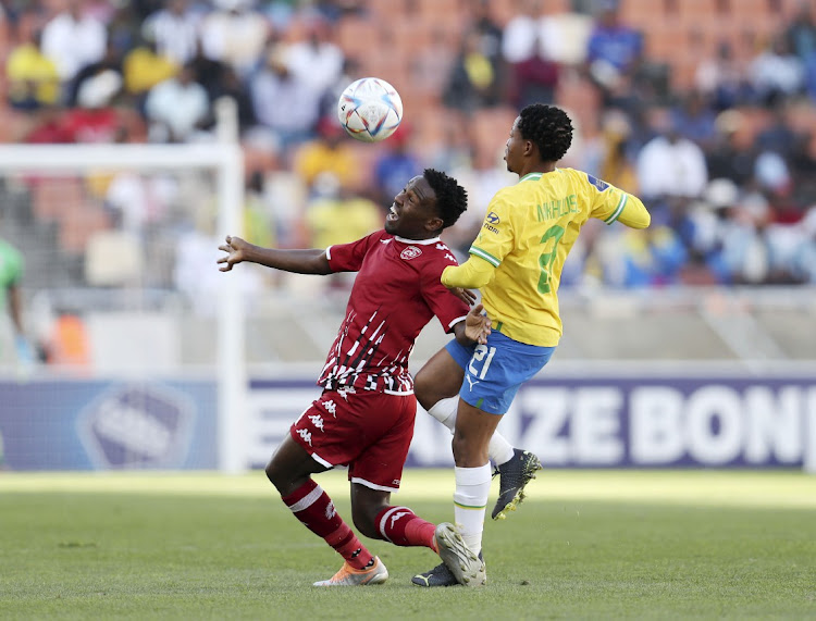 Victor Letsoalo of Sekhukhune United challenged by Sphelele Mkhulise of Mamelodi Sundowns during the DStv Premiership 2022/23 match between Sekhukhune United and Mamelodi Sundowns at the Peter Mokaba Stadium, Polokwane on 20 August 2022.