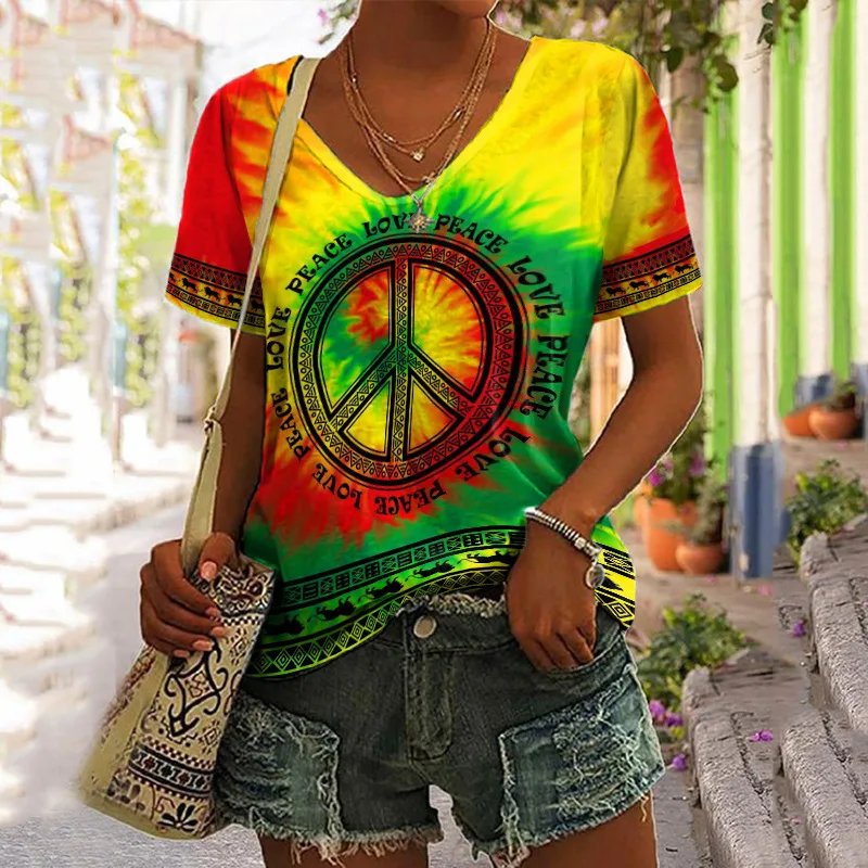 Camiseta 3D Feminina Transfronteiriça Europa e América, Decote V Solto, Manga Curta, Estampa Moderna e Confortável, Perfeita para o Verão.