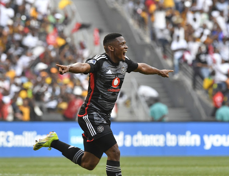 Orland Pirates' Thabiso Lebitso celebrates his goal during their DStv Premiership match against Kaizer Chiefs at FNB Stadium on Saturday. Picture: SYDNEY MAHLANGU/BACKPAGEPIX