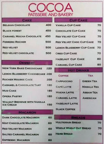 Cocoa Patisserie and Bakery menu 