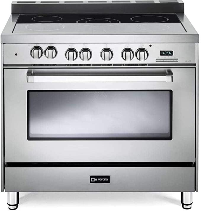 Verona VEFSEE365SS 36" Electric Range with 4 cu. ft. European Convection Oven Black Ceramic Glass Cooktop 5 Burners Dual Center Element Chrome Knobs and Handle: Stainless Steel