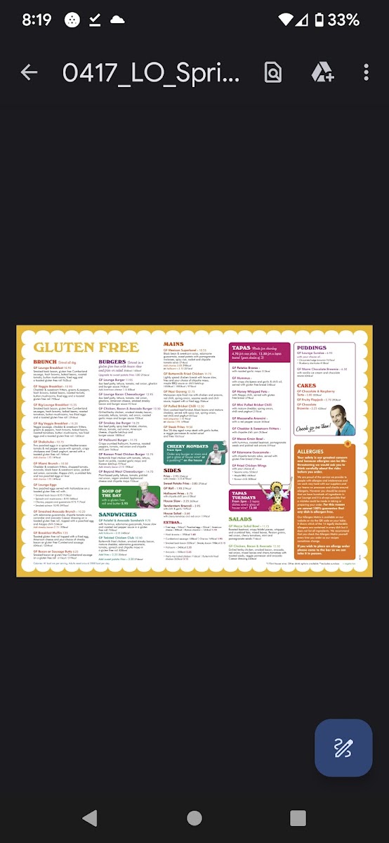 Lounge gluten-free menu