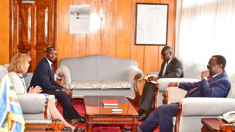 World Food Programme country director Lauren Landis and other officials in a meeting with Prime Cabinet Secretary Musalia Mudavadi on February 2, 2023.