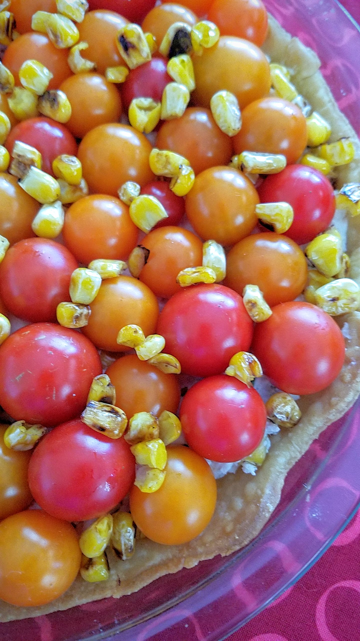 Tomato Pie Recipe with Fresh Cheeses and Uncooked Cherry Tomatoes and (optionally) seared corn to really celebrate the flavors of freshness