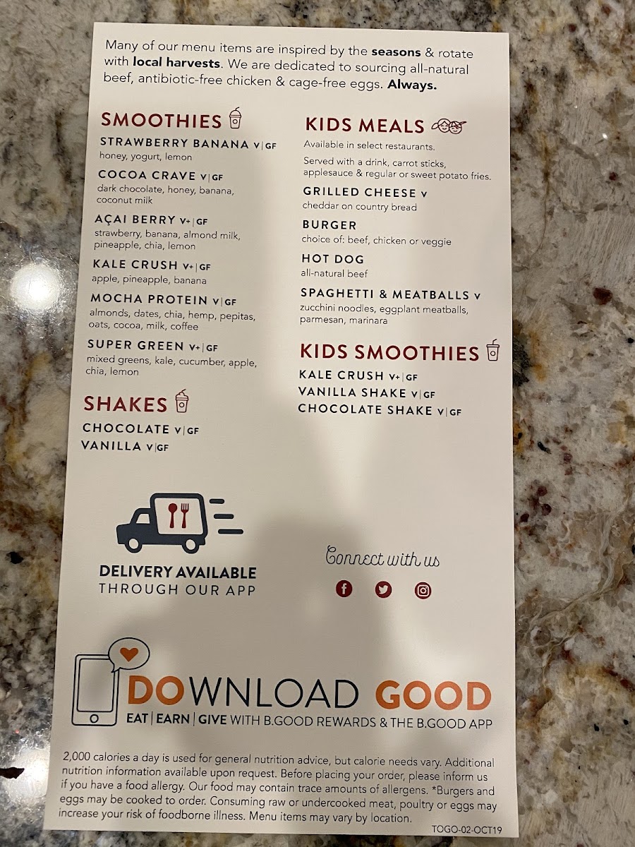 B.GOOD gluten-free menu