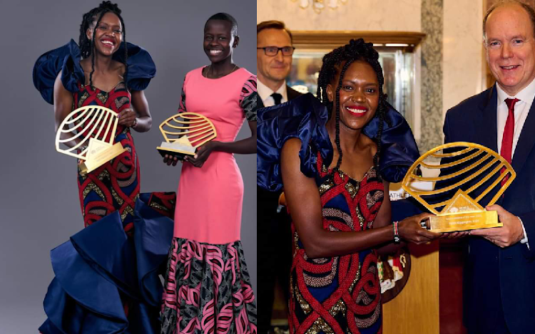 A composite image of Faith Kipyego and Faith Kiprotich posing for a photo with their honours and another Faith Kipyego receiving her award.