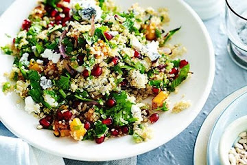 Quinoa salad with pomegranate, pumpkin and ashed goat's cheese