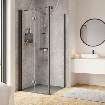 Porte de douche pivotante pliante avec paroi latérale, 90 x 90 cm, profilé noir, verre anticalcaire