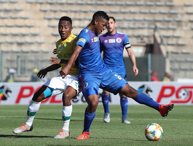 Sipho Mbule of SuperSport United challenged by Lebohang Maboe of Mamelodi Sundowns during the MTN8 2019 match between Supersport United and Mamelodi Sundowns at Lucas Moripe Stadiuml, Pretoria, on 01 September 2019.