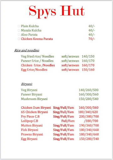 Spys hut menu 