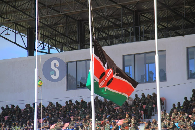 The presidential standard and the Kenyan flag flying half-mast at the Ulinzi sports complex ahead of the memorial service for late Francis Ogolla on April 20, 2024.