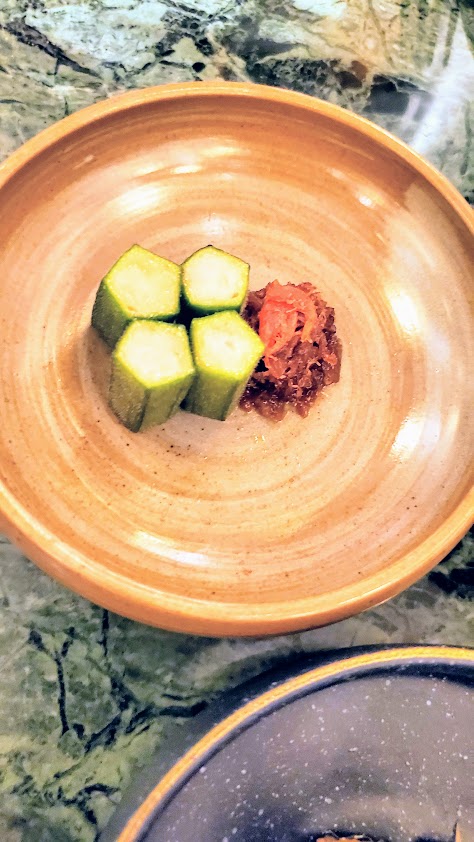 Okra stuffed with Prawn Paste, Dried Scallop Sambal Goreng Main Family Style Course dish as part of an Ahma-kase Dinner at Candlenut for Peranakan Food