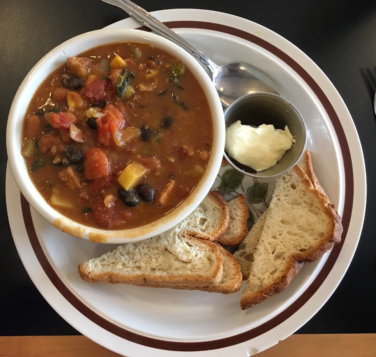 Local Pork Chile with Farmer’s Market vegetables and Udi’s bread.