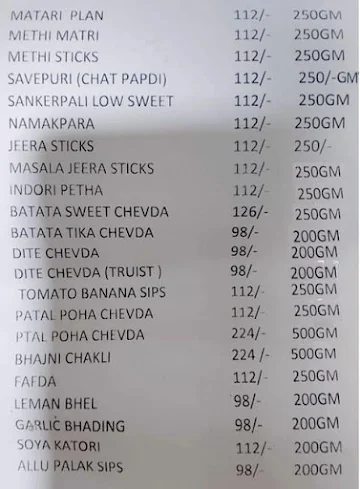 Parijat Mithai menu 