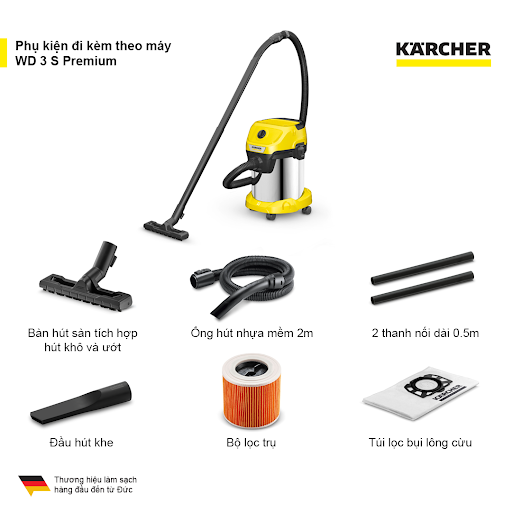 Máy hút bụi đa năng khô và ướt 1000W Karcher WD 3 S Premium, có chức năng hút và thổi, bình chứa bụi thép không gỉ 17L chống nước