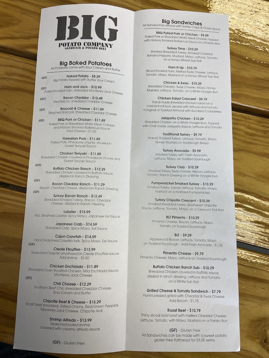 BIG Potato Company gluten-free menu