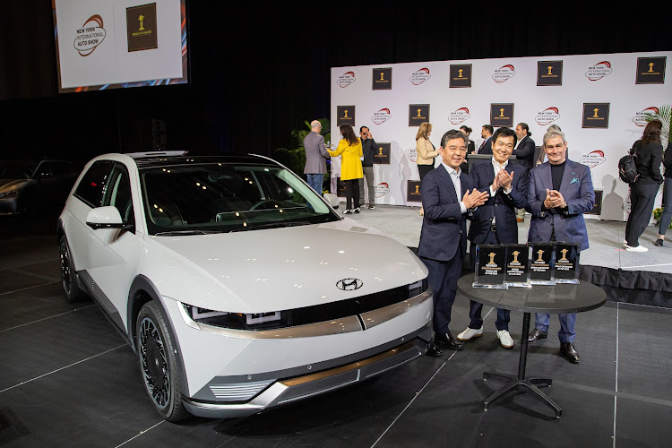 Hyundai executives celebrate the Ioniq 5’s triple win at the World Car Awards in New York. Picture: SUPPLIED