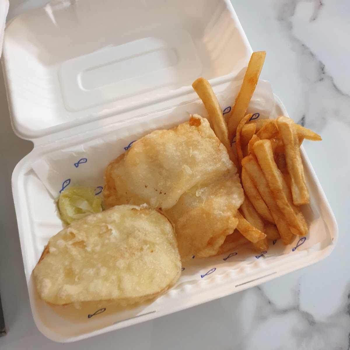 Gluten free coral trout, potato scallop and chips