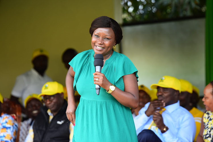 Embu governor Sicily Mbarire who is also the UDA party Chairperson speaking to Kirinyaga county party delegates in Ndia on Friday. IMAGE WANGECHI WANG'ONDU