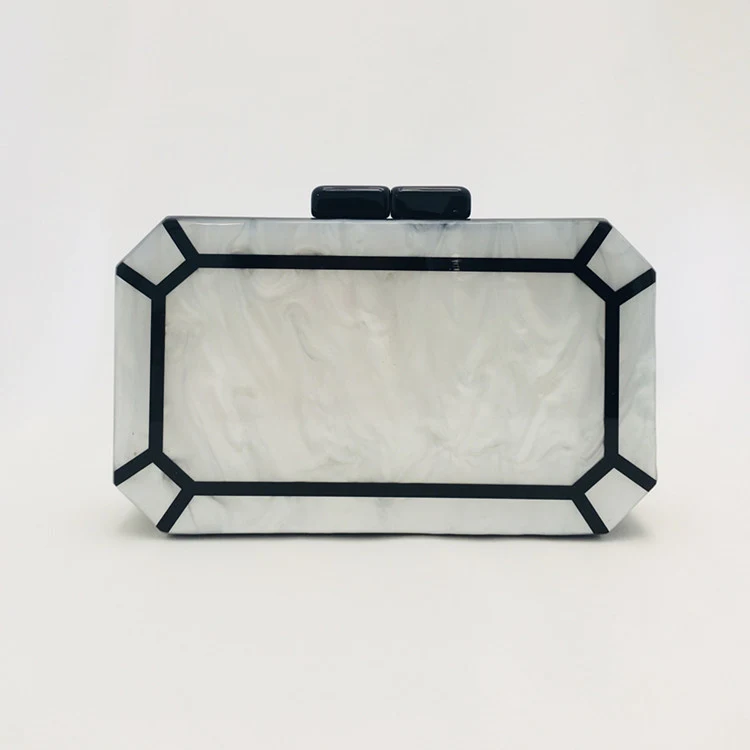 Pochette de dîner féminine polygonale nacrée en acrylique assemblé, accessoire parfait pour les soirées et événements élégants.