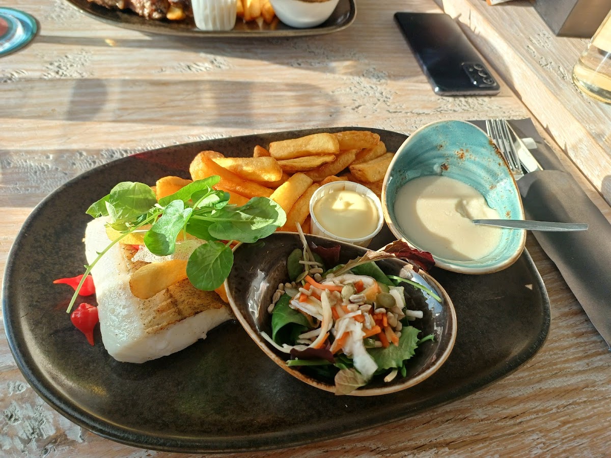 White fish with salad and fries