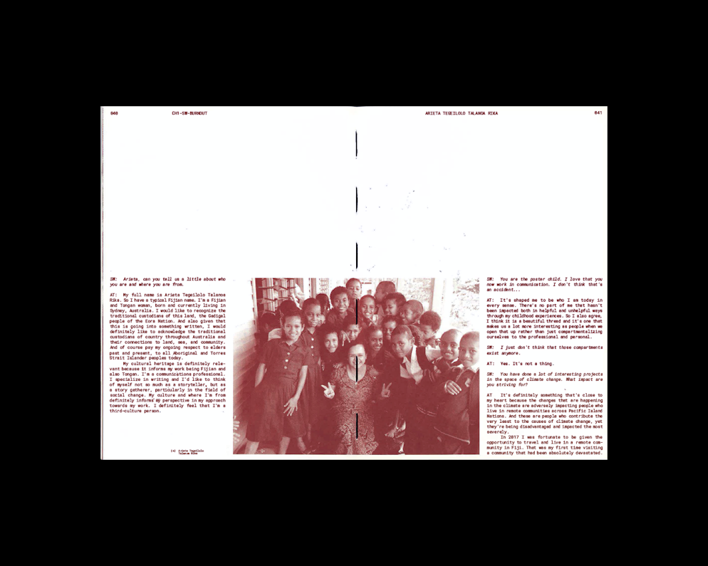 Double-page scan from the Rare with Google 2020 publication of Arieta Tegeilolo Talanoa Rika with a group of children.