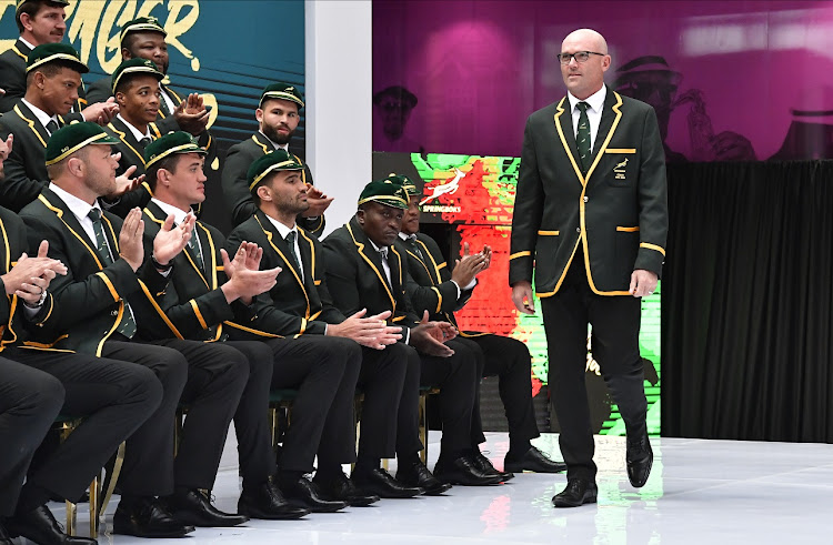 Springbok coach Jacque Nienaber is called to the stage in the capping ceremony and World Cup squad announcement at MultiChoice City in Randburg, Johannesburg on August 8 2023.