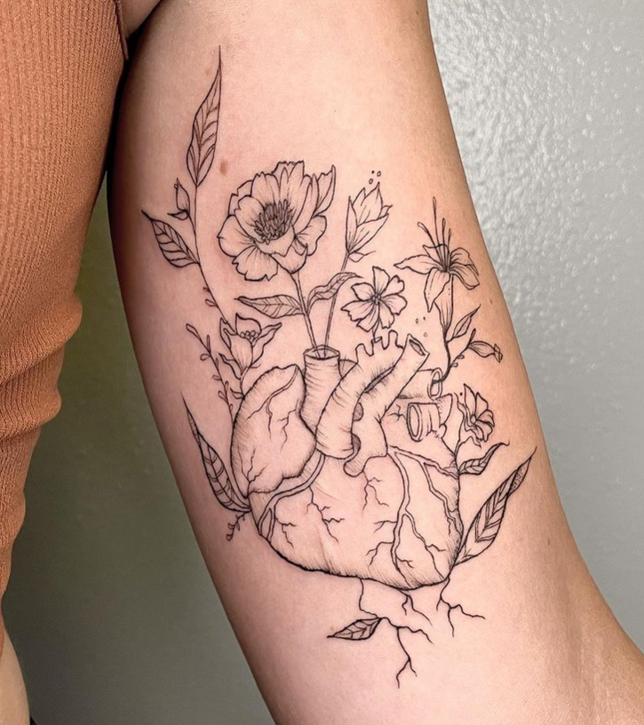 Simple Flower Anatomical Heart Tattoos