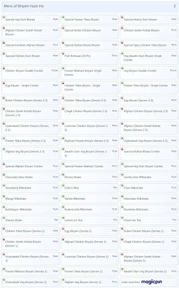 Biryani Hazir Ho menu 