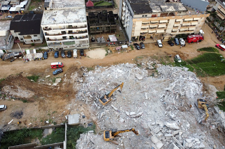 An aerial view of the rubble of a collapsed building under construction in Abidjan, Ivory Coast July 1, 2023.