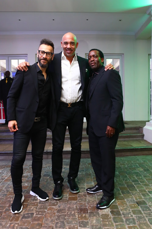 Panos Panay, president of The Recording Academy, Harvey Mason Jr CEO of the Recording Academy and Arena Holdings chairperson, Tshepo Mahloele at the African Grammy Winners dinner for Wouter Kellerman, Zakes Bantwini and Nomcebo Zikode held at Westcliff Hotel Picture: Masi Losi