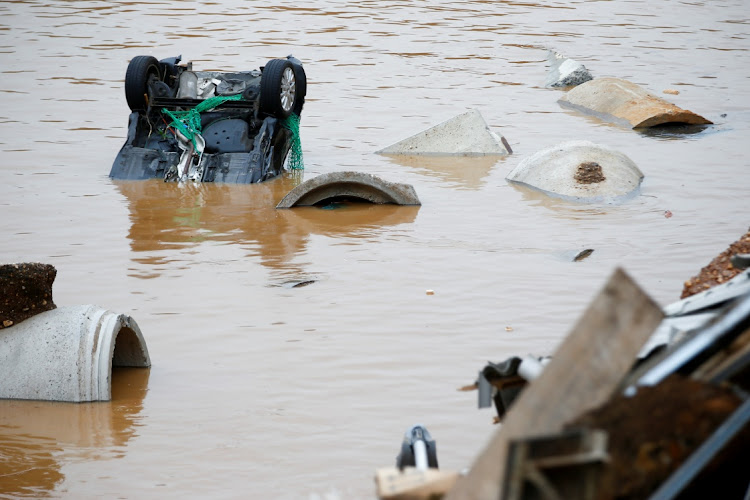 A view of a flooded street following heavy rainfalls in Erftstadt-Blessem, Germany on July 16, 2021.