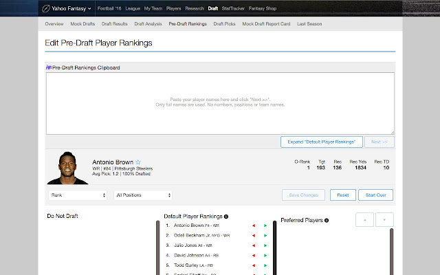 Pre-Draft Rankings for Yahoo Fantasy Sports